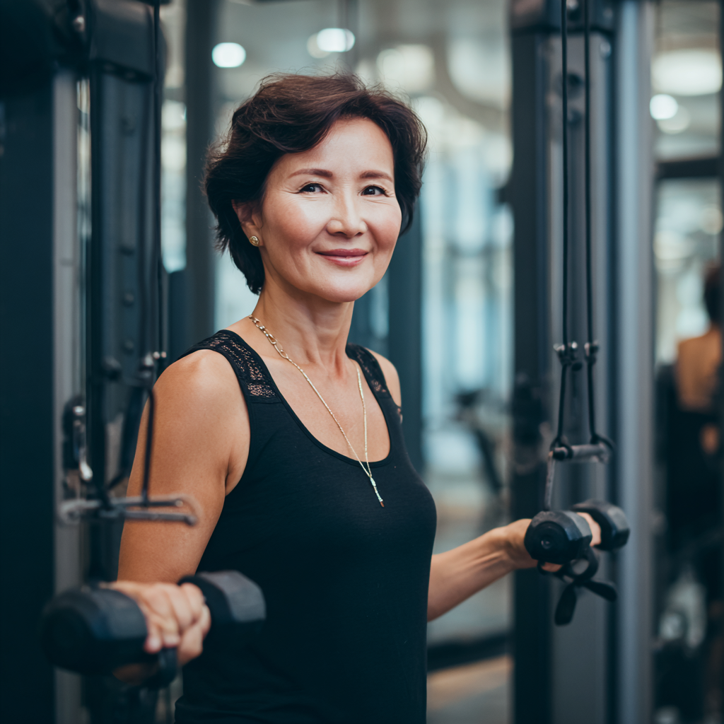 Группа улыбающихся европейских людей среднего возраста занимается дыхательными упражнениями в современном фитнес-зале